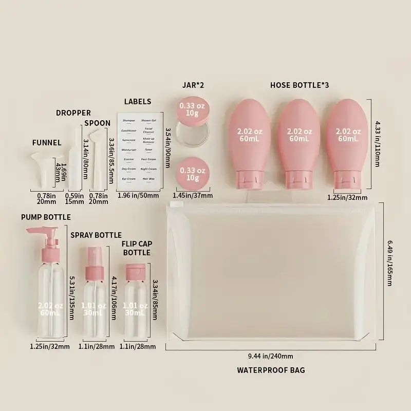11Pcs Travel Bottles Set with Storage Bag Travel Size Empty Liquid Cream Lotion Containers Fine Mist Spray Bottle Squeeze Tubes
