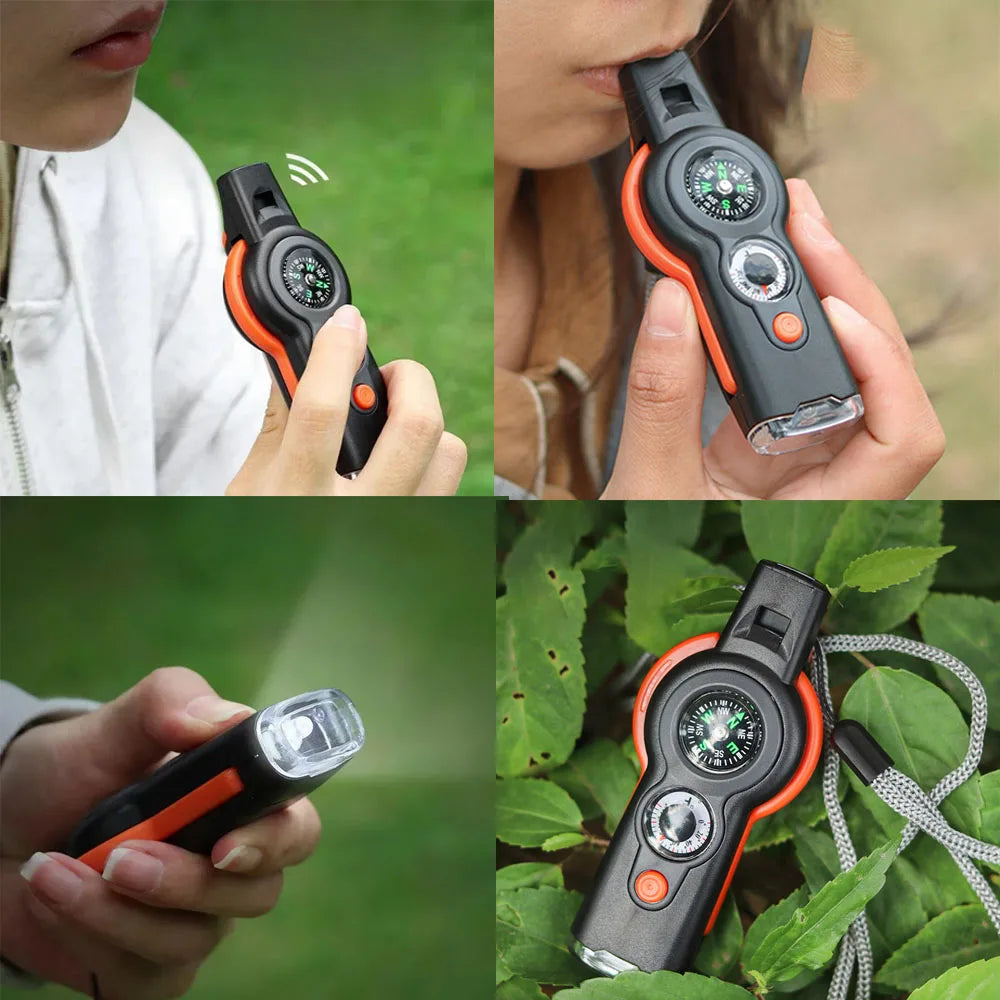 Camping Hiking 7In1 Outdoor Multifunctional Survival Whistle Flashlight Compass Thermometer Magnifier Reflector Magnifying Glass