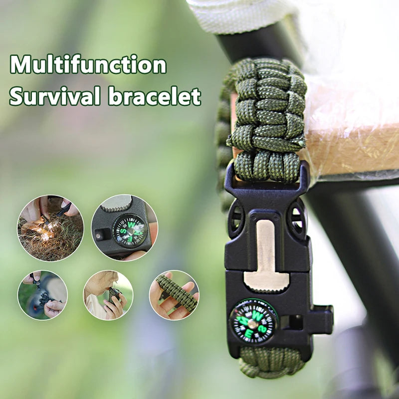 5 in 1 Multi-Functional Outdoor Survival Bracelet Compass Fire Rod Whistle Scraper Camping Rescue Hand Rope