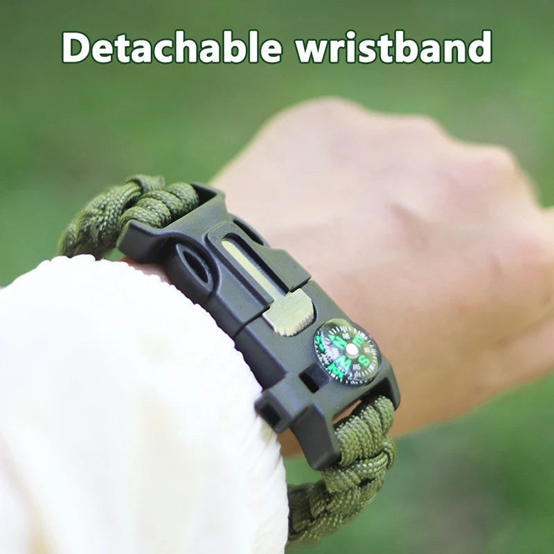 5 in 1 Multi-Functional Outdoor Survival Bracelet Compass Fire Rod Whistle Scraper Camping Rescue Hand Rope