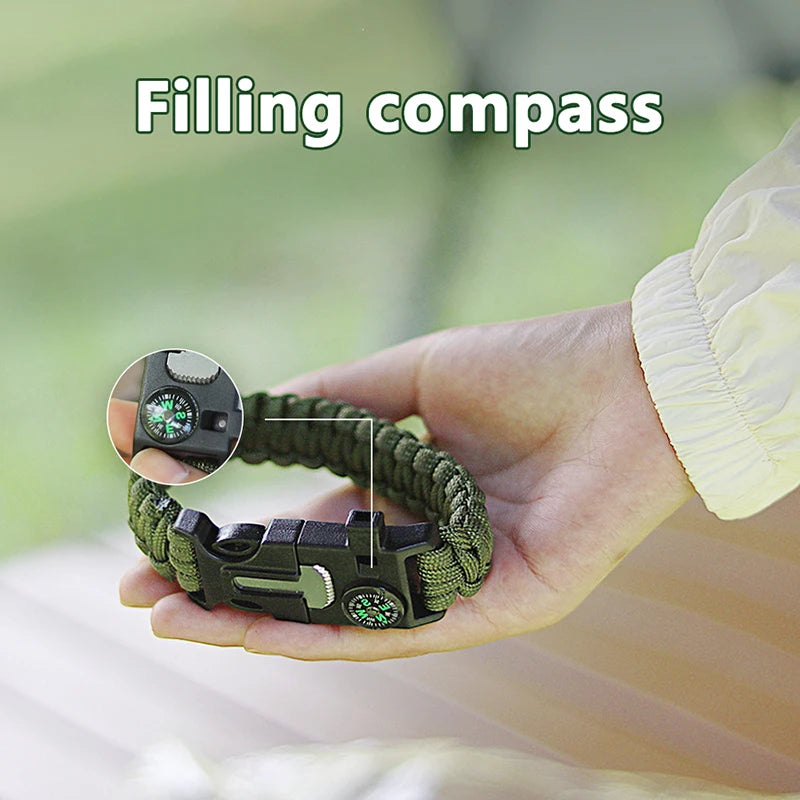 5 in 1 Multi-Functional Outdoor Survival Bracelet Compass Fire Rod Whistle Scraper Camping Rescue Hand Rope