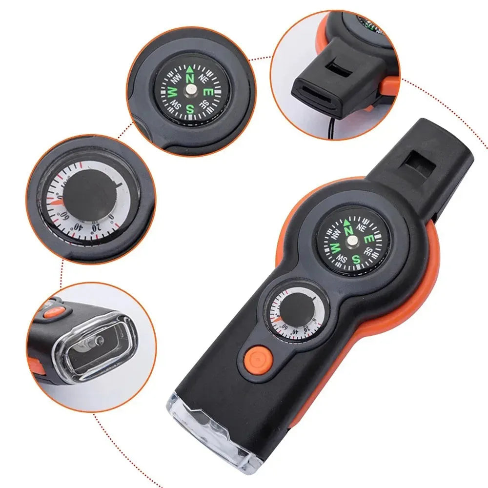 Camping Hiking 7In1 Outdoor Multifunctional Survival Whistle Flashlight Compass Thermometer Magnifier Reflector Magnifying Glass