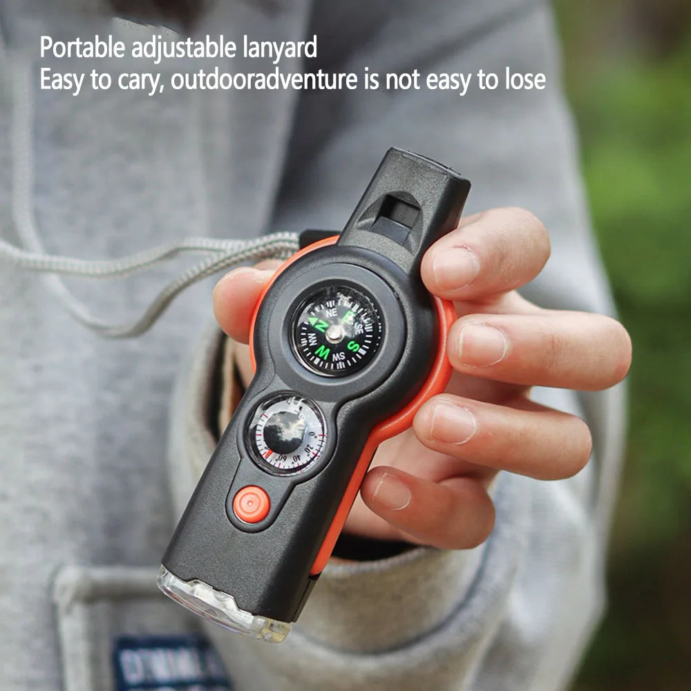 Camping Hiking 7In1 Outdoor Multifunctional Survival Whistle Flashlight Compass Thermometer Magnifier Reflector Magnifying Glass