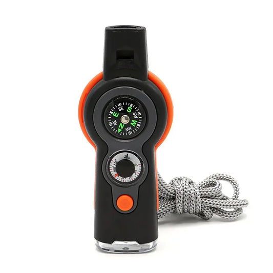 Camping Hiking 7In1 Outdoor Multifunctional Survival Whistle Flashlight Compass Thermometer Magnifier Reflector Magnifying Glass